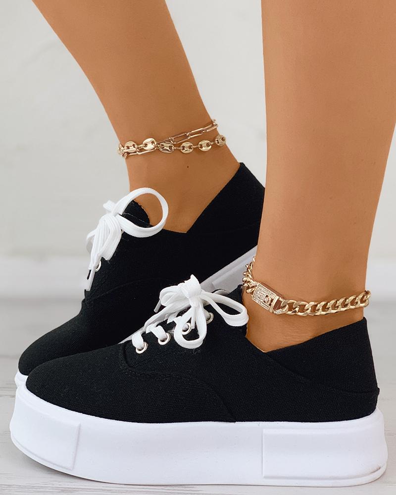 

Eyelet Lace-up Flatform Canvas Shoes, Black