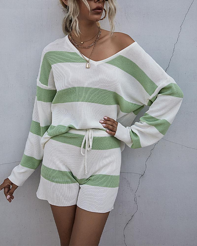 

Striped V-Neck Drop Shoulder Sweater & Drawstring Shorts Set, Green