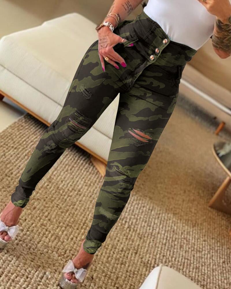 

Camouflage Print High Waist Button Detail Ripped Skinny Jeans, Green