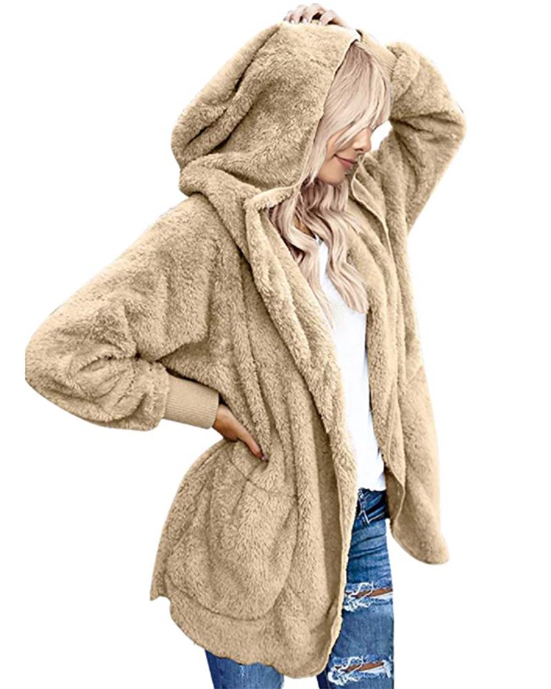 

Pocket Design Long Sleeve Hooded Faux Fur Coat, Khaki