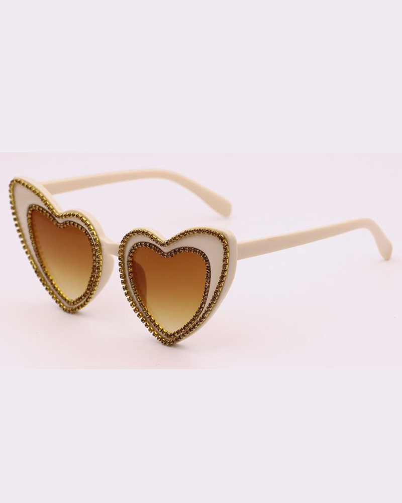 

1Pair Gradient Heart Shaped Rhinestone Trendy Sunglasses, Beige