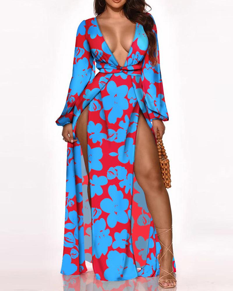 

Floral Print High Slit Deep-V Lantern Sleeve Maxi Dress, Blue