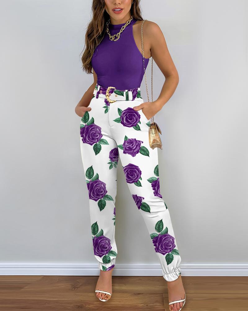 

O-Neck Top & Floral Print Cuffed Pants Set, Purple