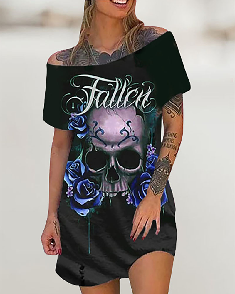 

Halloween Letter Skull Floral Print Off Shoulder T-shirt Dress, Black