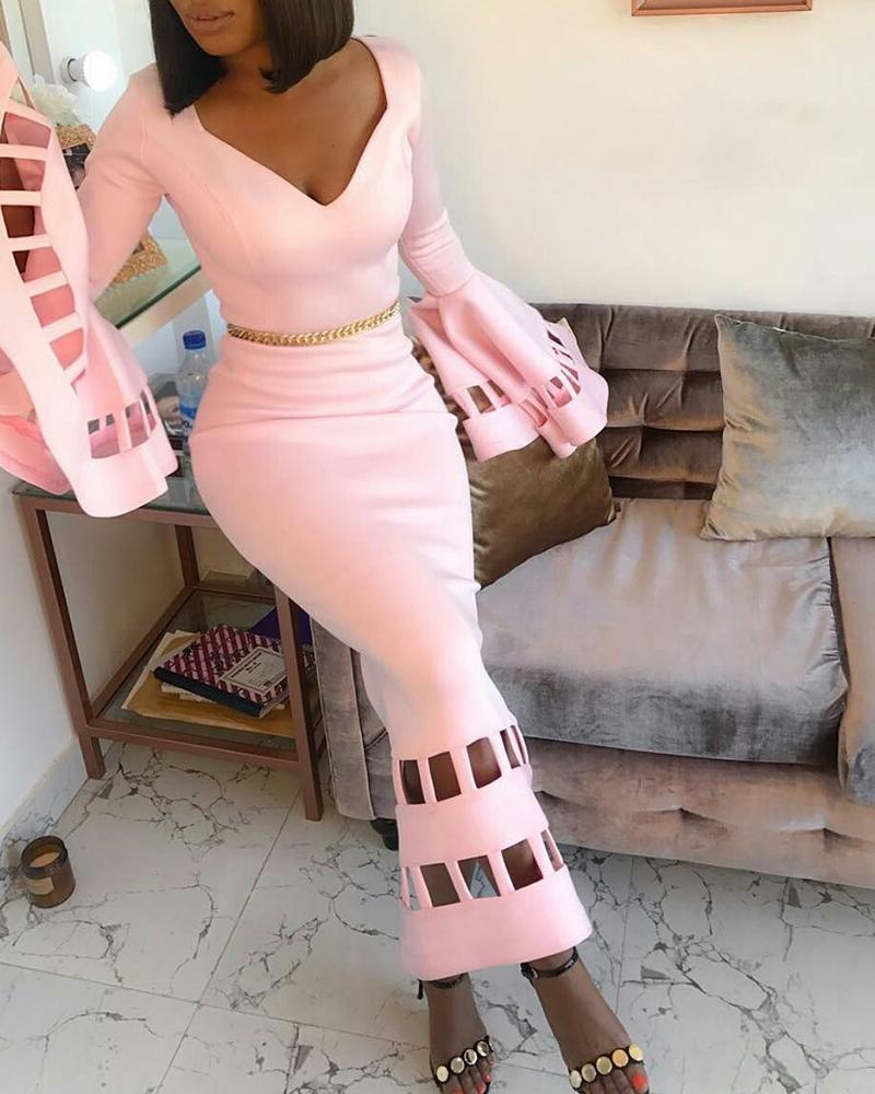 

Cutout V-Neck Bell Sleeve Party Dress, Pink