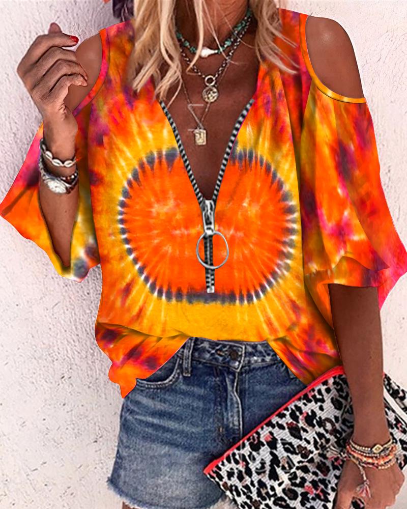 

Tie Dye Print Cold Shoulder Top, Orange