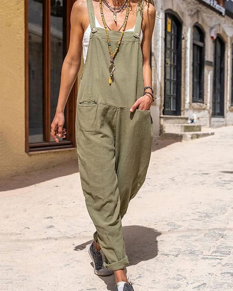 

Pocket Design Casual Suspender Jumpsuit, Green