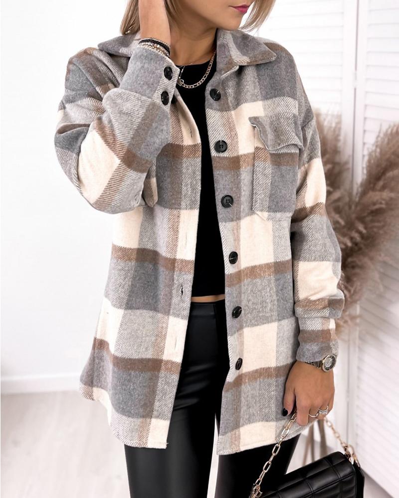 

Lantern Sleeve Plaid Print Pocket Button Design Shacket, Apricot