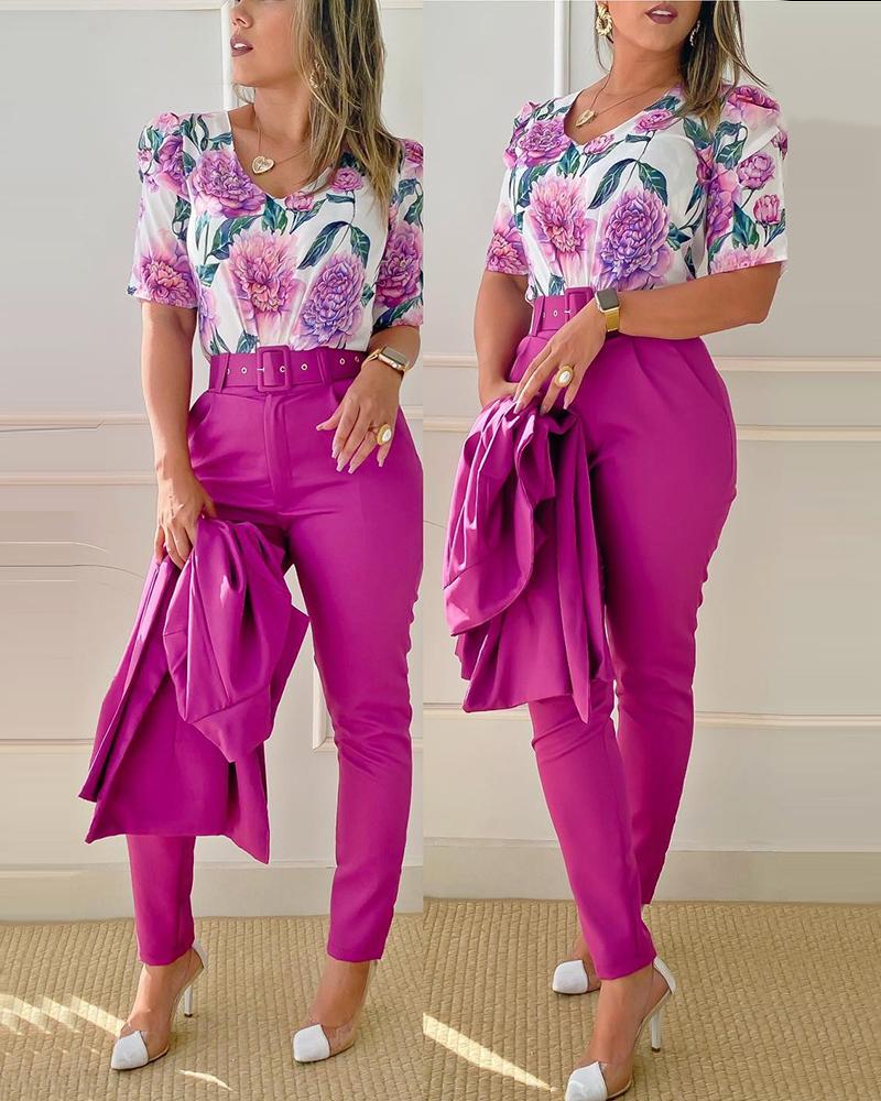 

Floral Print Short Sleeve Top & Pants Set Without Coat, Hot pink