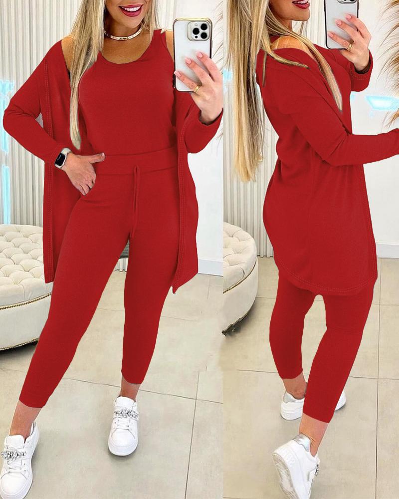 

Conjunto de 3 peças Lounge, gola redonda, sem mangas, regata, manga comprida, frente aberta, casaco, calça, moletom, Red