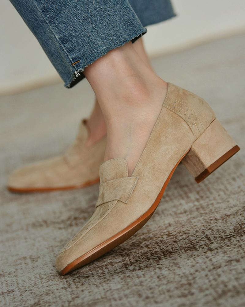 

Square Toe Suede Hollow Out Design Chunky Loafers, Apricot