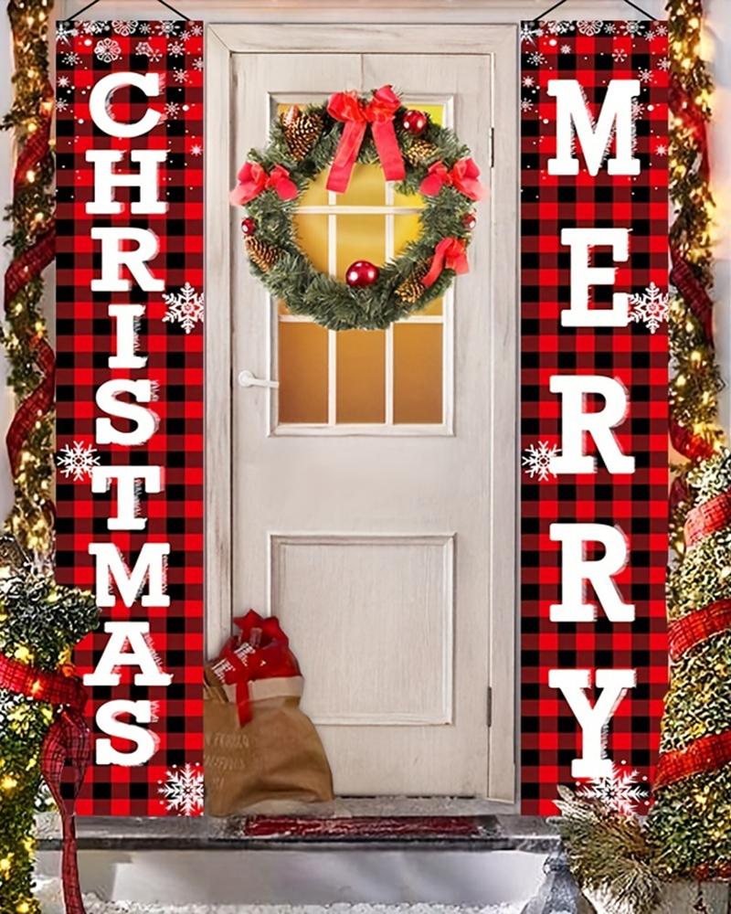 

2pcs Merry Christmas Buffalo Plaid Hanging Banners Outside Door Porch Sign Decorations Set, Multicolor