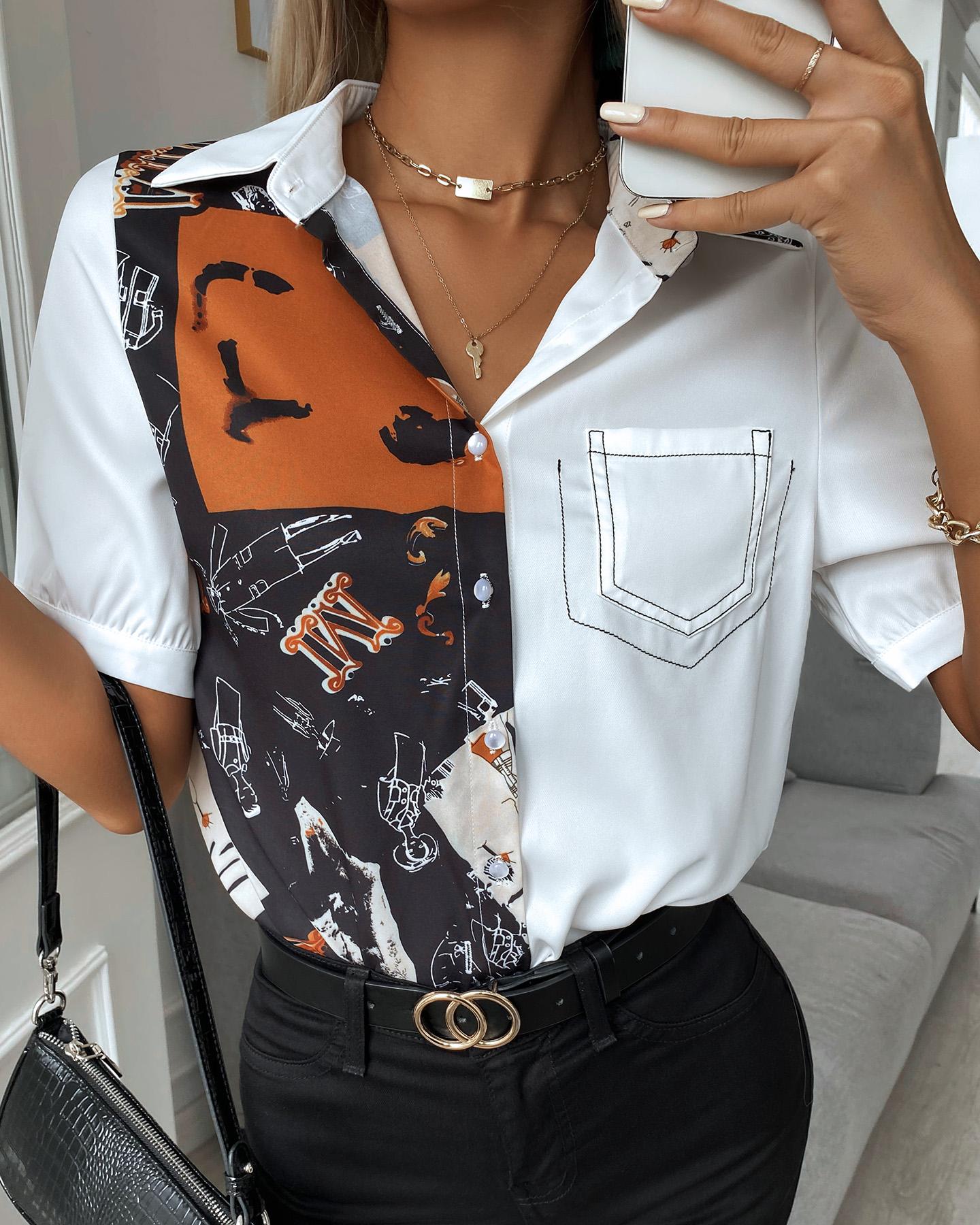 

Scarf Print Colorblock Pocket Design Top, White