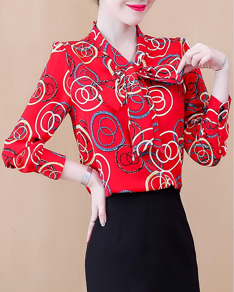 

Tied Detail Long Sleeve Graphic Print Shirt, Red
