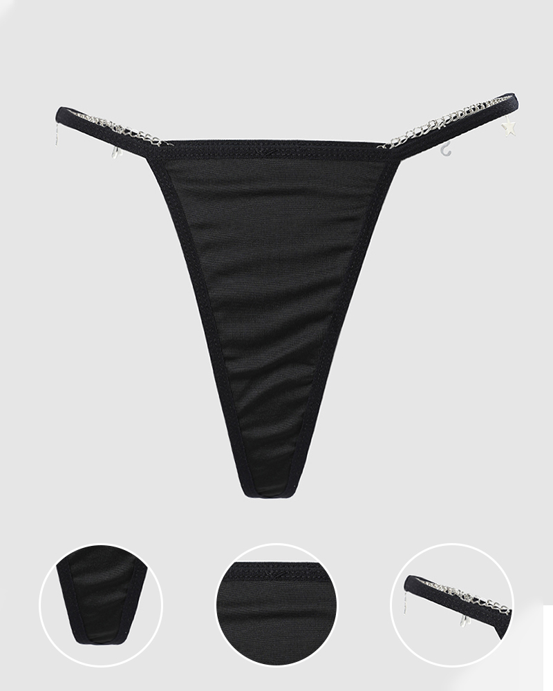

Letter Star Chain Decor Thong Panty, Silver