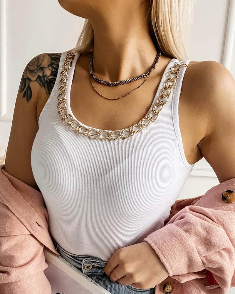 

Chain Decor U-Neck Tank Top, White