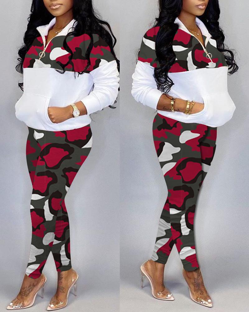 

Camo Print Pocket Detail Zipper Front Top & Pants Set, Red