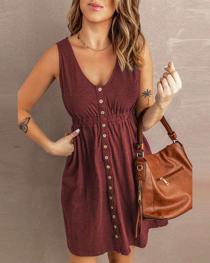 

Button Front Sleeveless V-Neck Casual Dress, Wine red