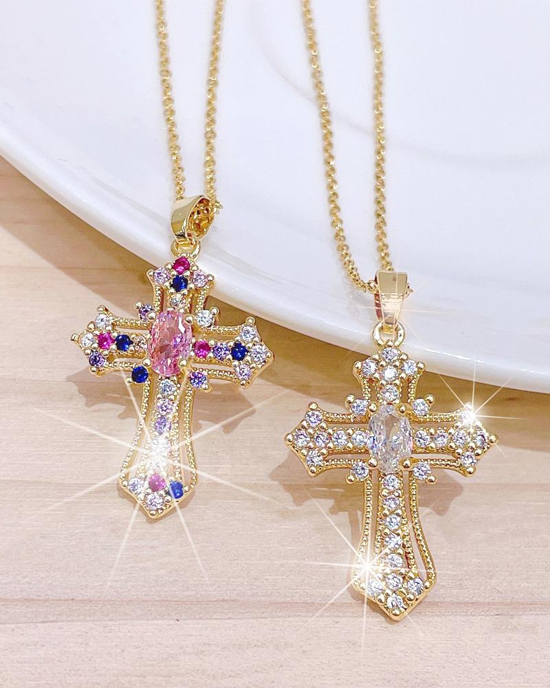 

1pc Zircon Decor Cross Pendant Necklace, Style1