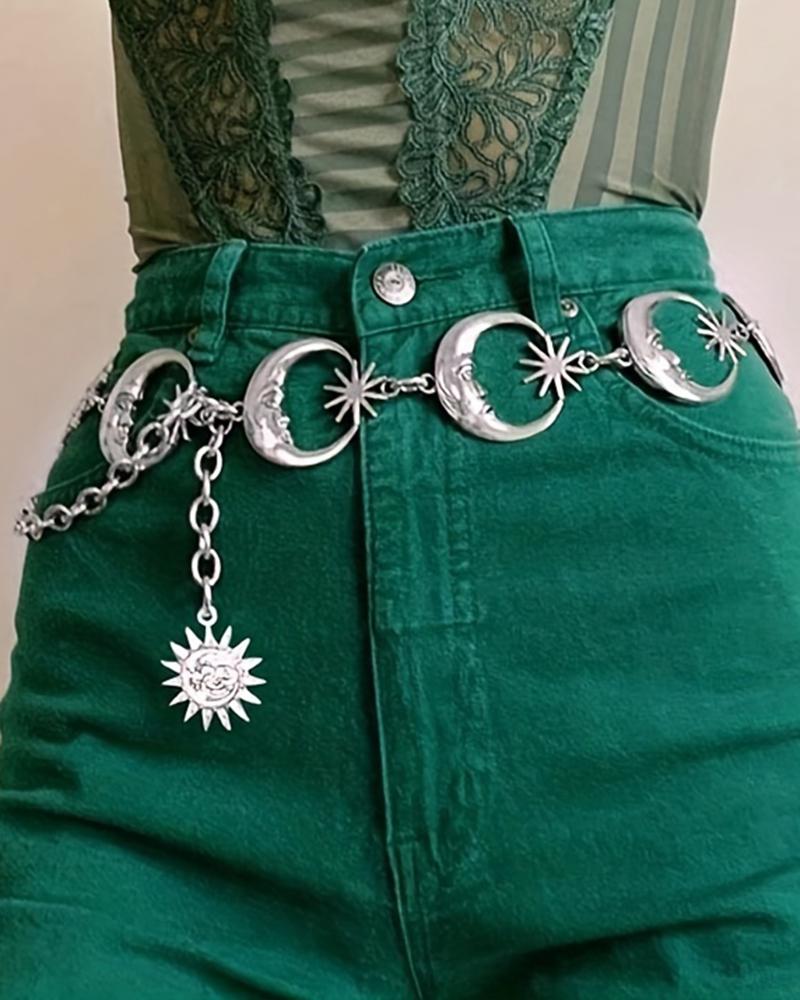 

1pc Moon Star Hollow Tassel Waist Chain Fashionable Body Belt, Silver
