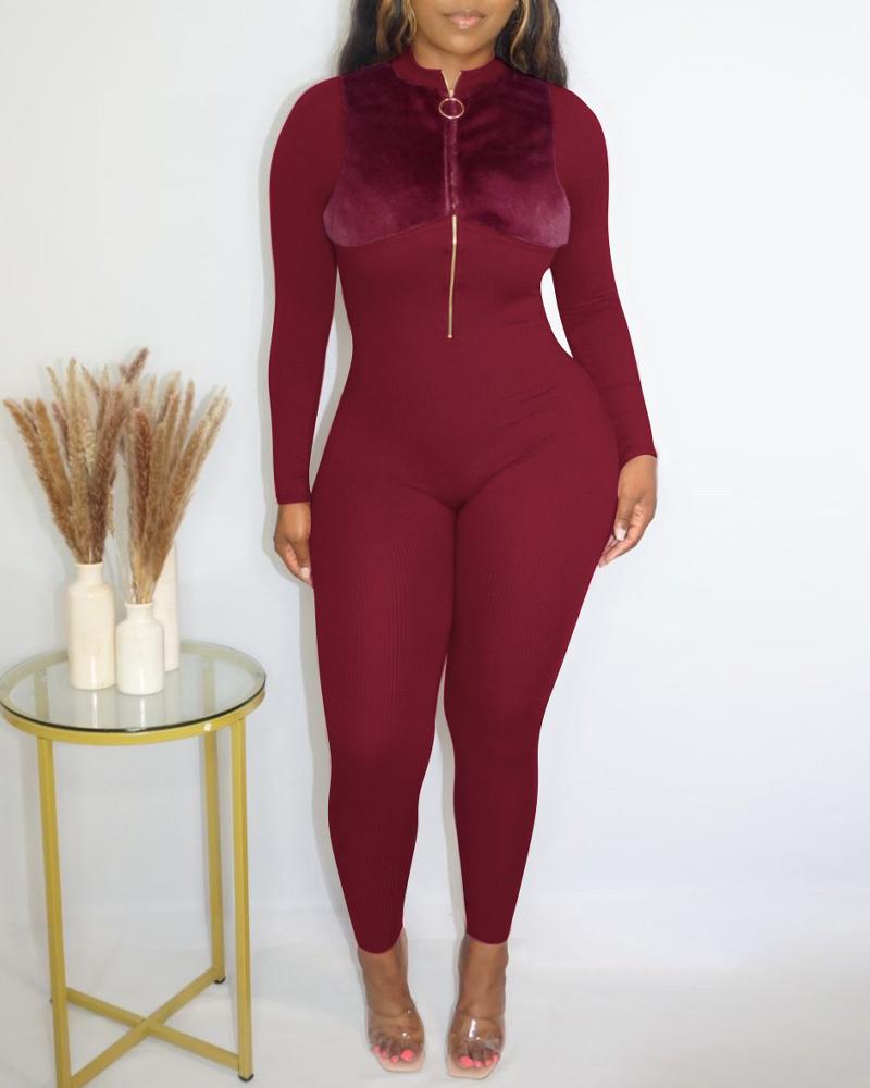 

Ribbed Zip Front Fuzzy Detail Long Sleeve Jumpsuit, Wine red