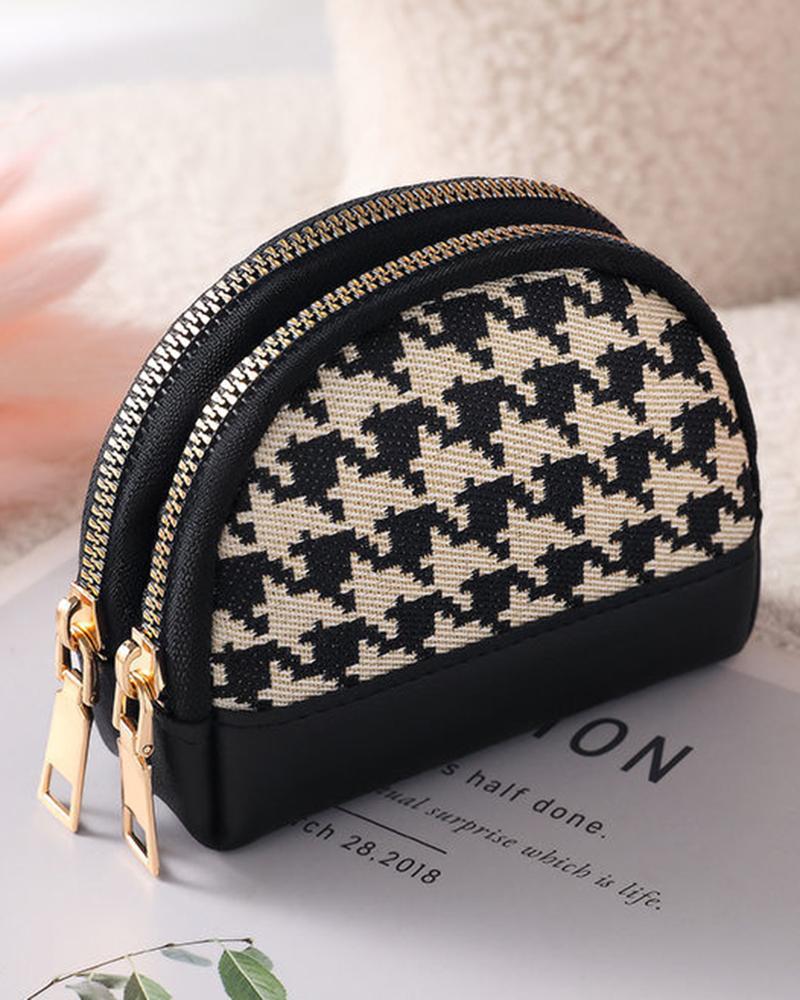 

Women's Purse Double Zipper Design Houndstooth Coin Wallet, Black
