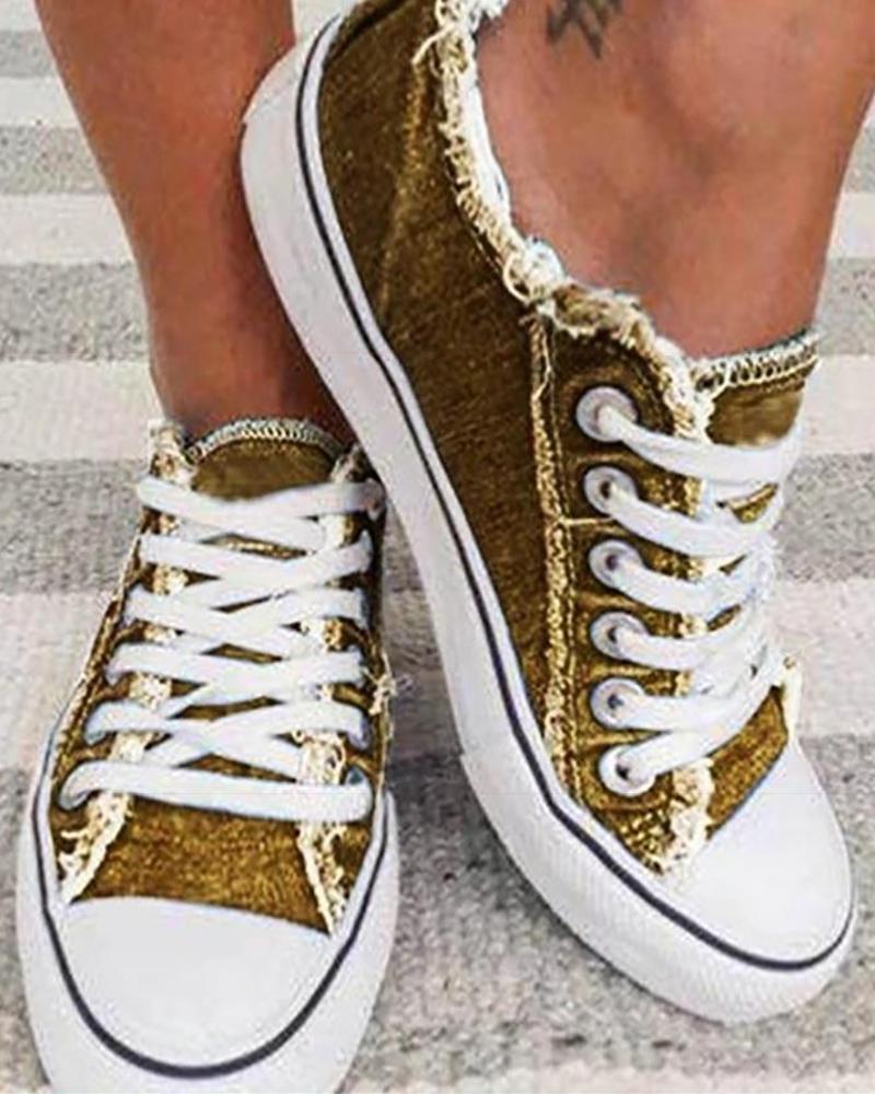 

Eyelet Lace-up Fringe Hem Canvas Shoes, Yellow