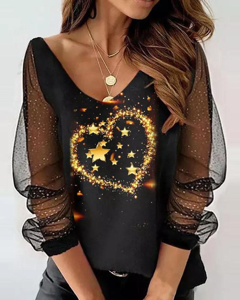 

Heart Star Print Contrast Mesh Long Sleeve Top, Black