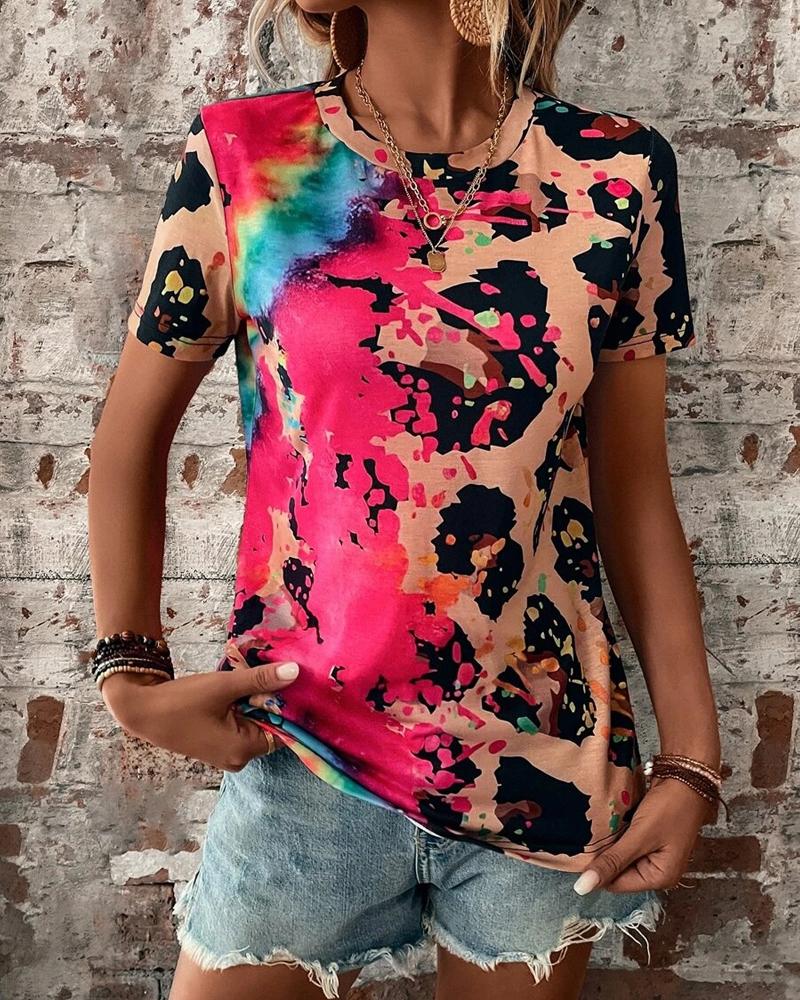 

Ink Splash Tie Dye Print O-Neck Short Sleeve Top, Hot pink