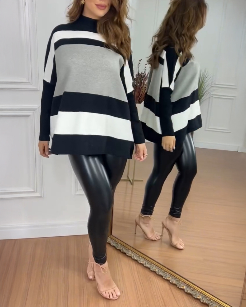 

Suéter listrado casual de gola alta e manga comprida, Black