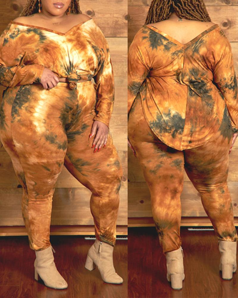 

Plus Size Tie Dye Print Long Sleeve Top & Pants Set, Brown