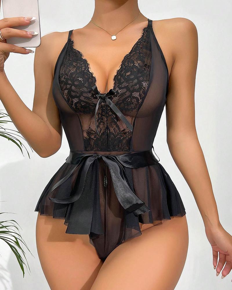 Sheer Mesh Tied Detail Lace Patch Teddy