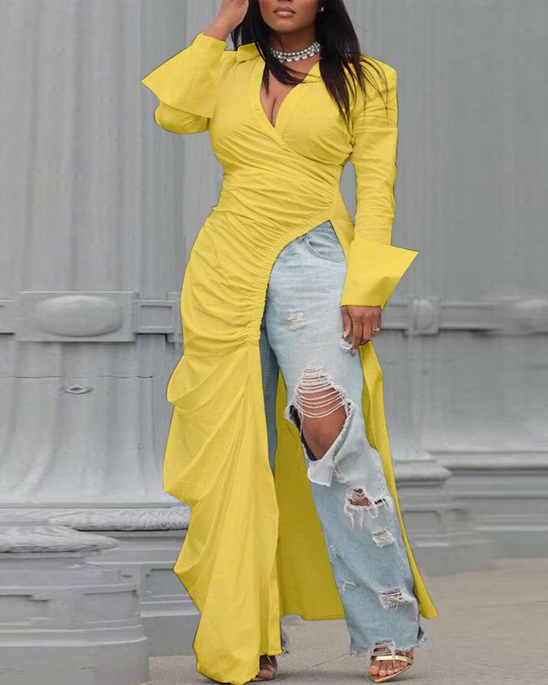 

Plus Size Ruched High Slit Longline Top, Yellow