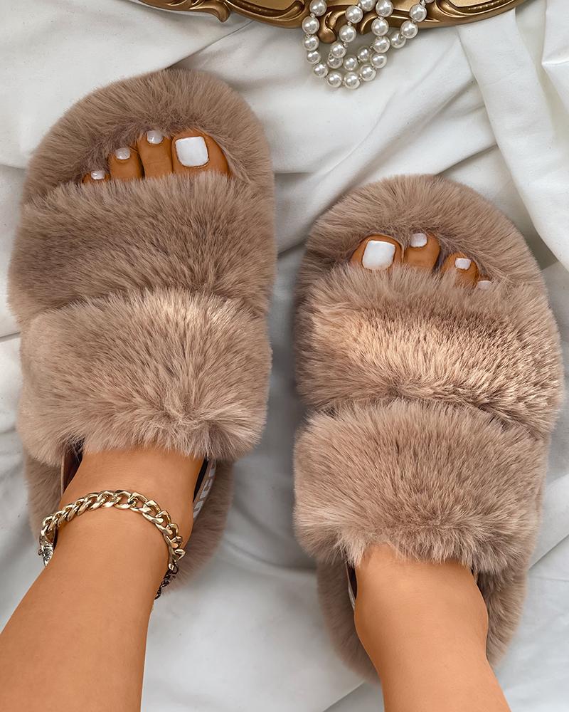 

Letter Print Strap Peep Toe Fluffy Slippers, Khaki