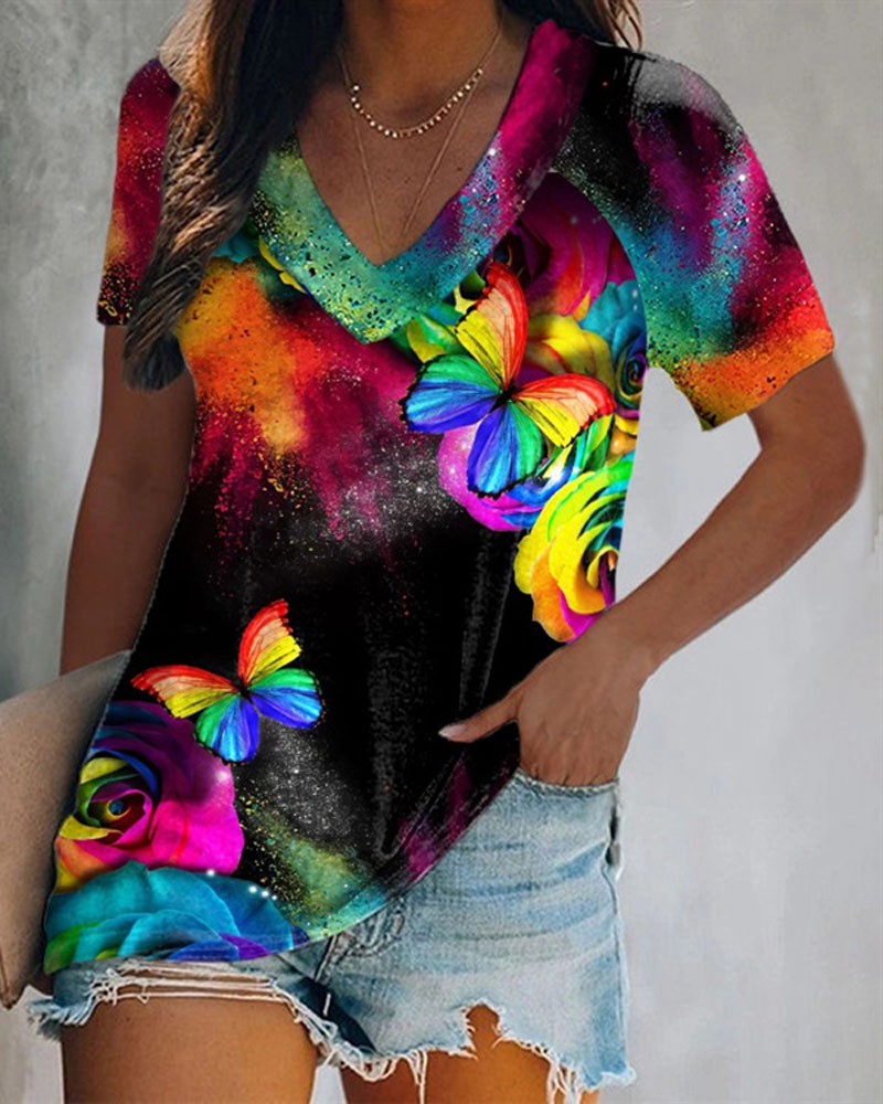 

Butterfly Floral Print Casual T-shirt, Black