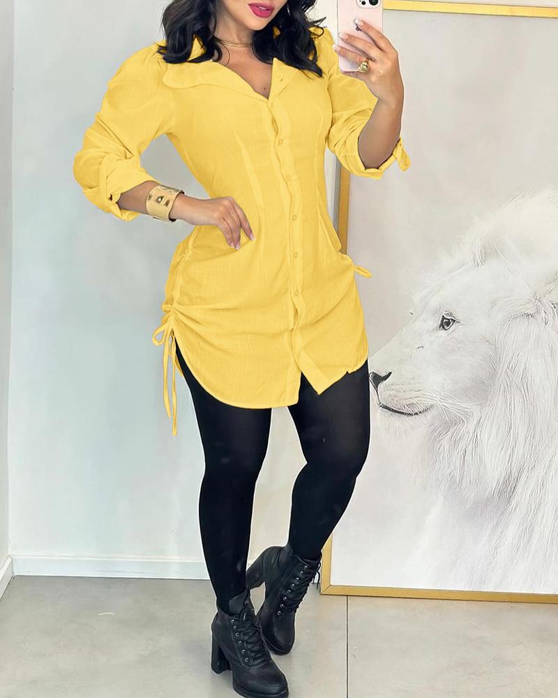 

Vestido camisa franzido com cordão lateral, Yellow