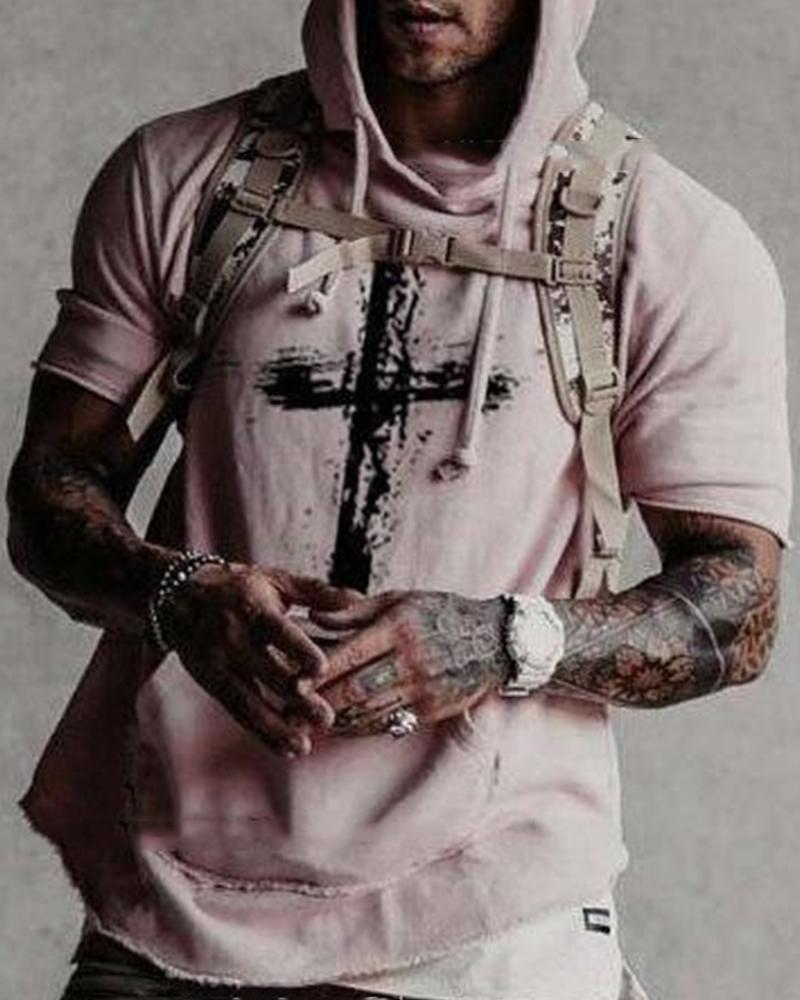 

Cross Print Short Sleeve Hooded Sweatshirts, Pink