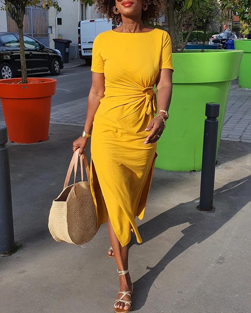 

Knotted Side Slit Short Sleeve Dress, Yellow