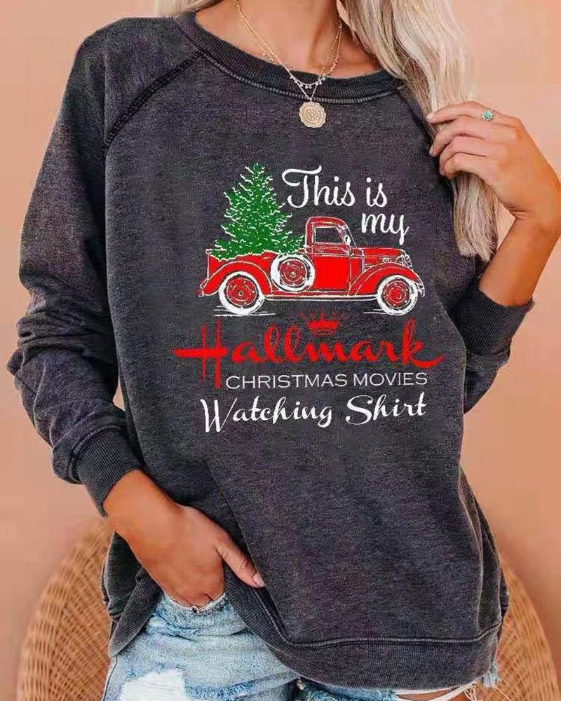 

Christmas Tree Car Letter Print Long Sleeve Sweatshirt, Dark grey