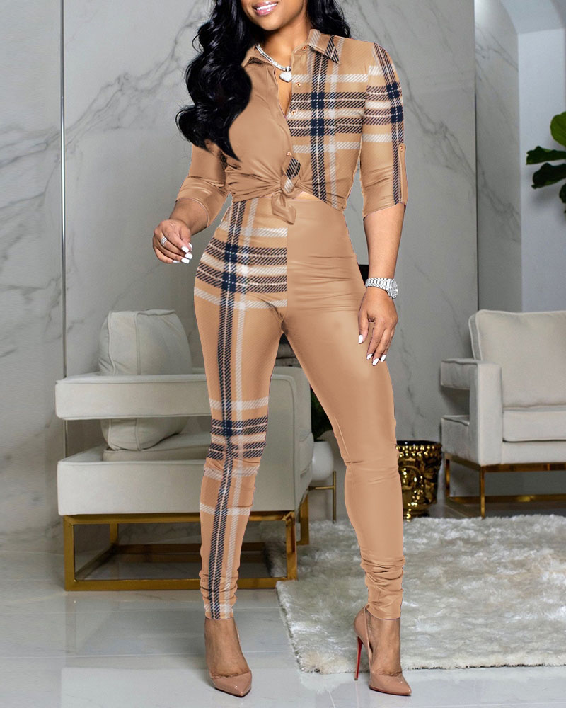 

Plaid Print Button Down Top & High Waist Pants Set, Style1