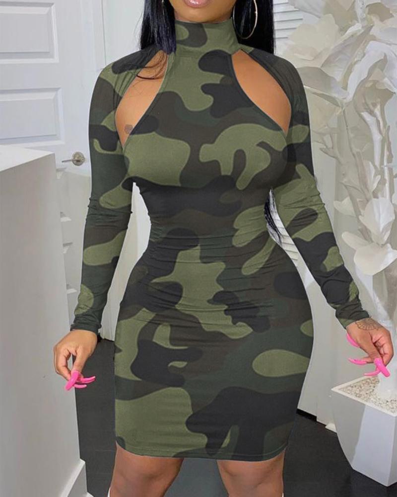 

Camouflage Print Cutout Long Sleeve Bodycon Dress, Green