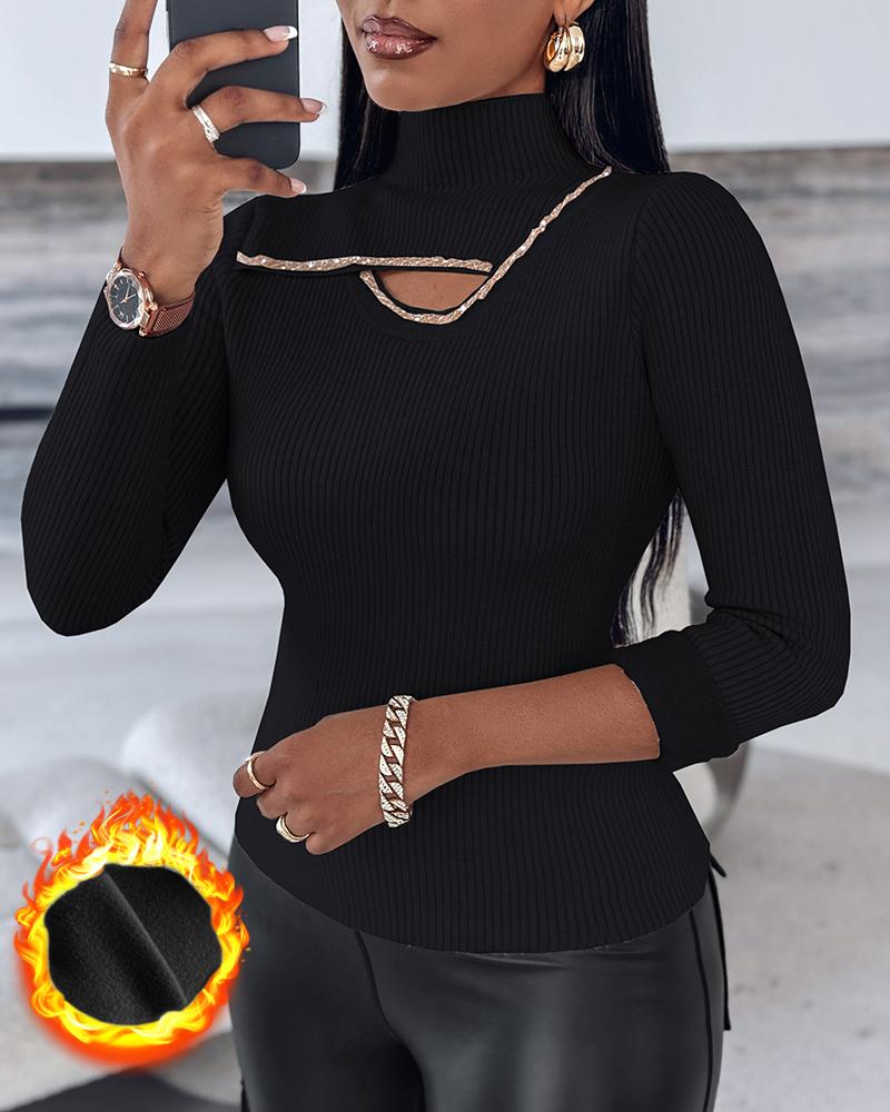 

Rhinestone High Neck Long Sleeve Knit Sweater Fleece Lined Basic Layering Soft Thermal Top, Black