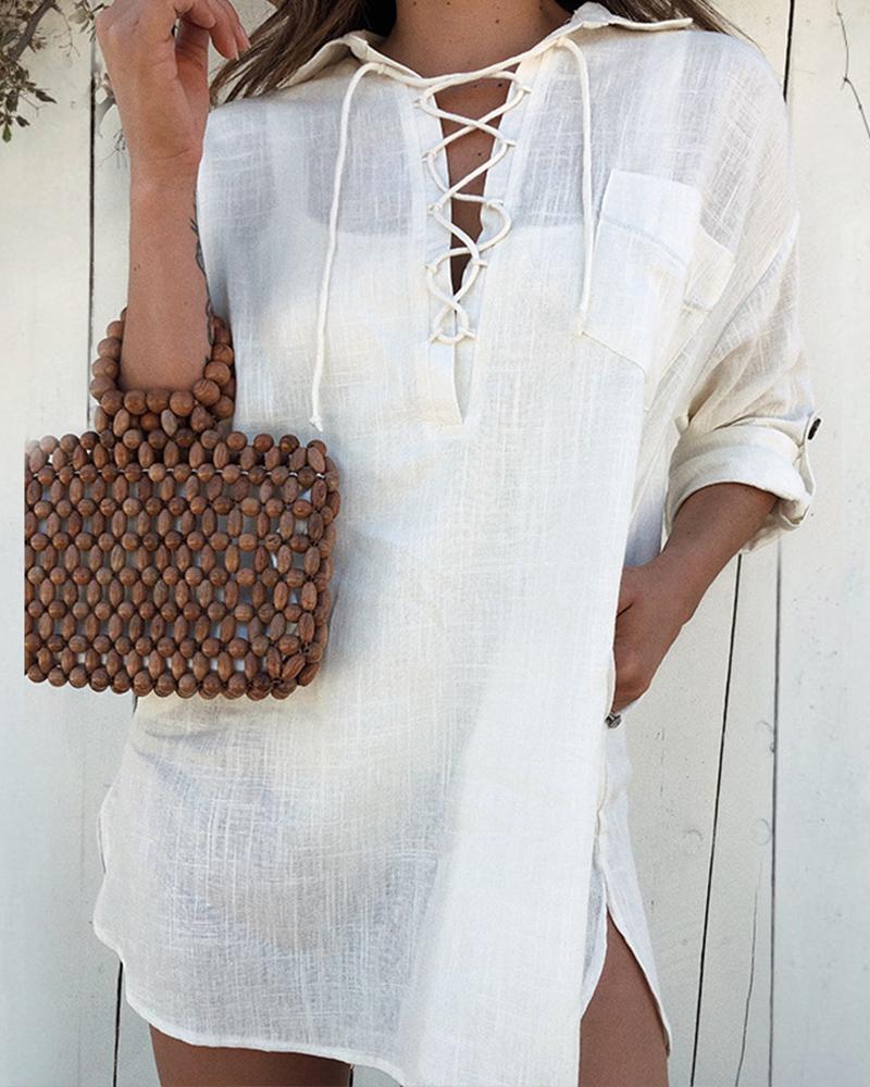 

Plain Lace-up Side Slit Casual Dress, White