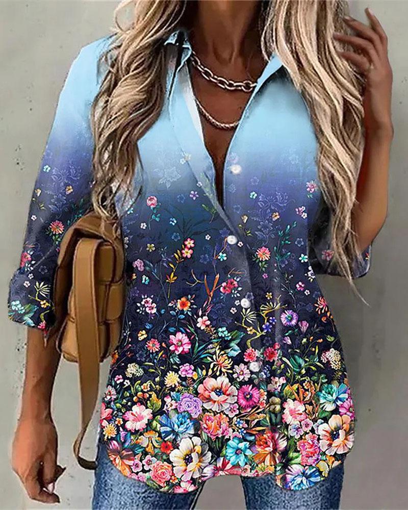 

Floral Print Long Sleeve Button Down Shirt, Blue