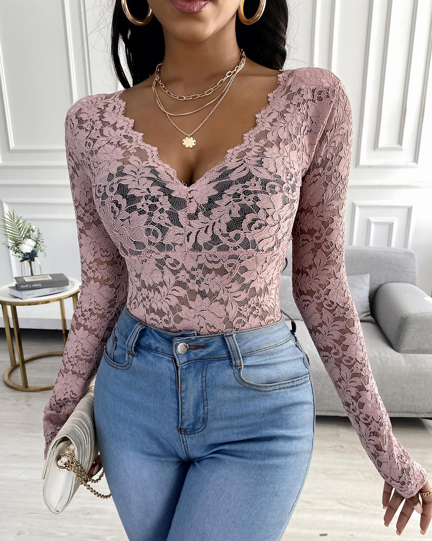 

Long Sleeve Plunge Sheer Floral Lace Top, Pink