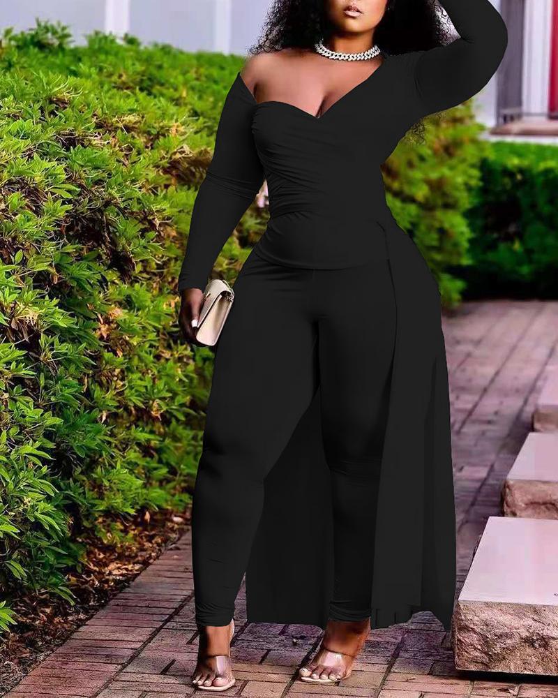 

Long Sleeve High Low Hem Wrap Top & Pants Set, Black