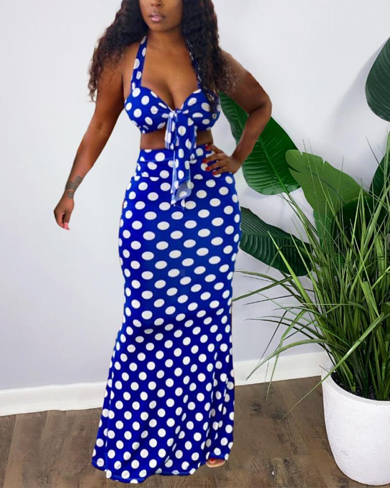 

Dot Print Sleeveless Loose Strap Long Dress, Blue