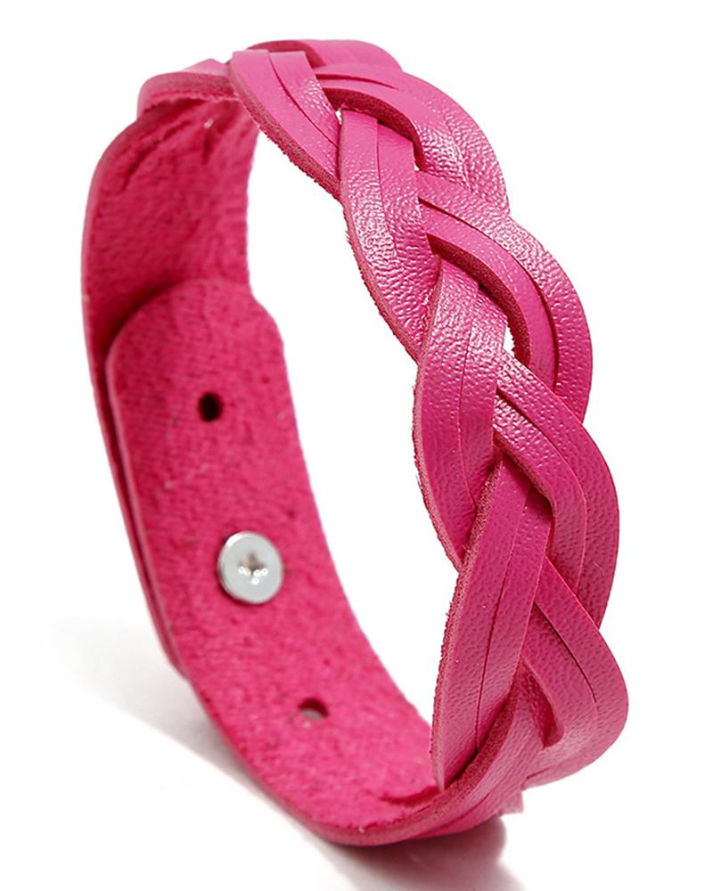 

1pc Braided PU Leather Bracelet, Hot pink