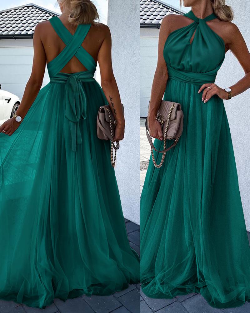 

Solid Contrast Mesh Crisscross Tie Back Maxi Dress, Green