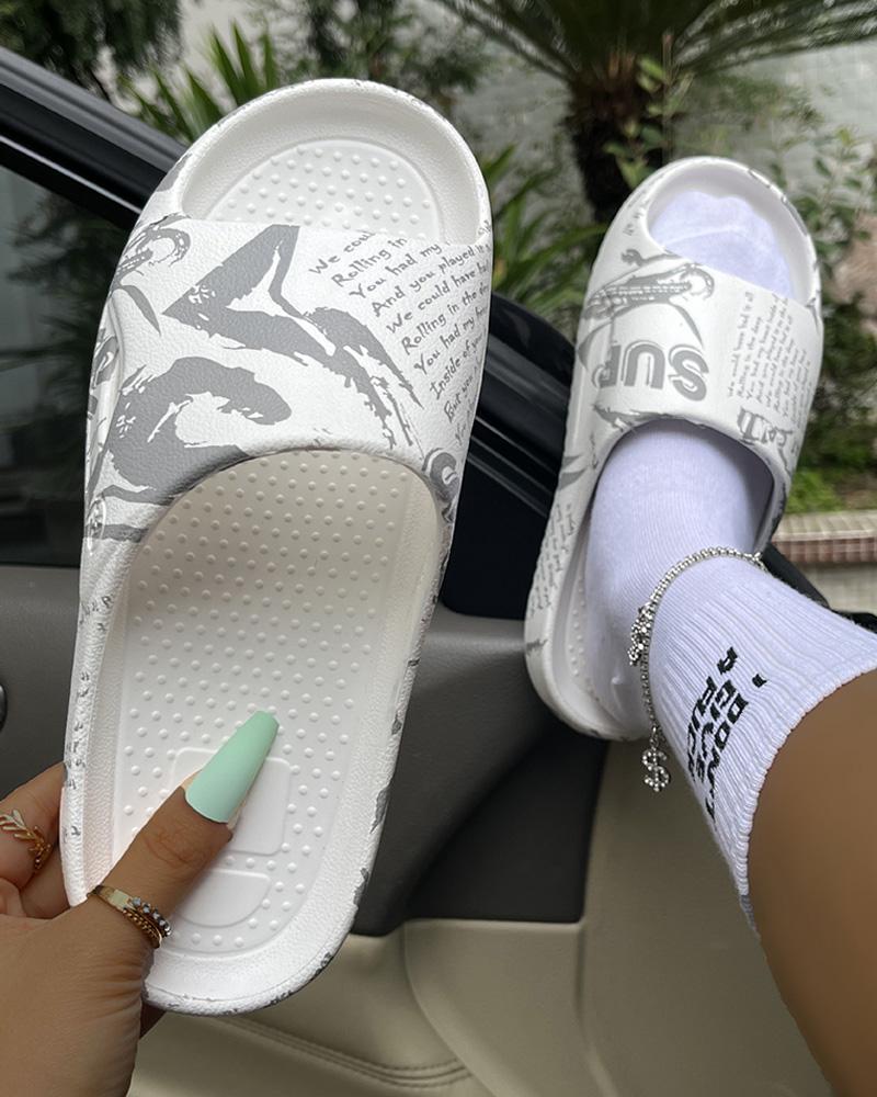 

Graphic Letter Print One Strap EVA Slippers, White